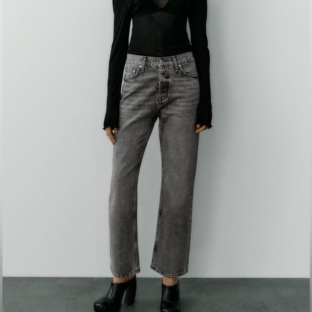 ZARA Rhinestone Mid Rise Jeans - Picture 2 of 11